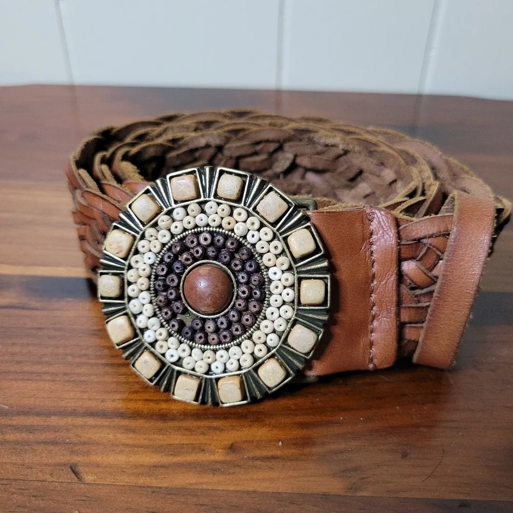 Boho Woven Leather Belt with Beaded Statement Buckle