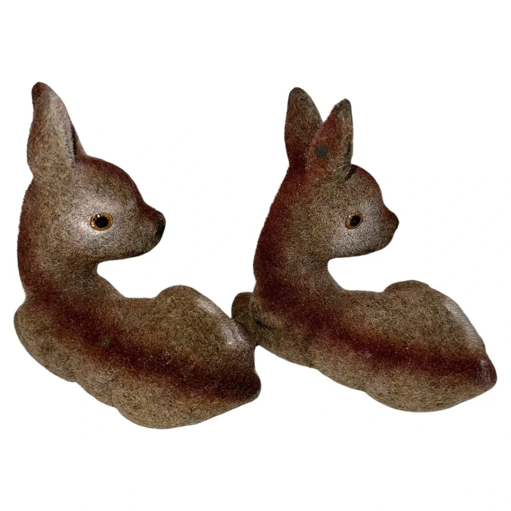 Lot 2 Vintage Deer Fawn Velvet‎ Flocked Figurines Figures Hong Kong