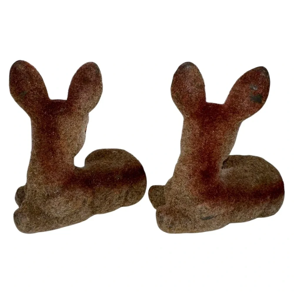 Lot 2 Vintage Deer Fawn Velvet‎ Flocked Figurines Figures Hong Kong