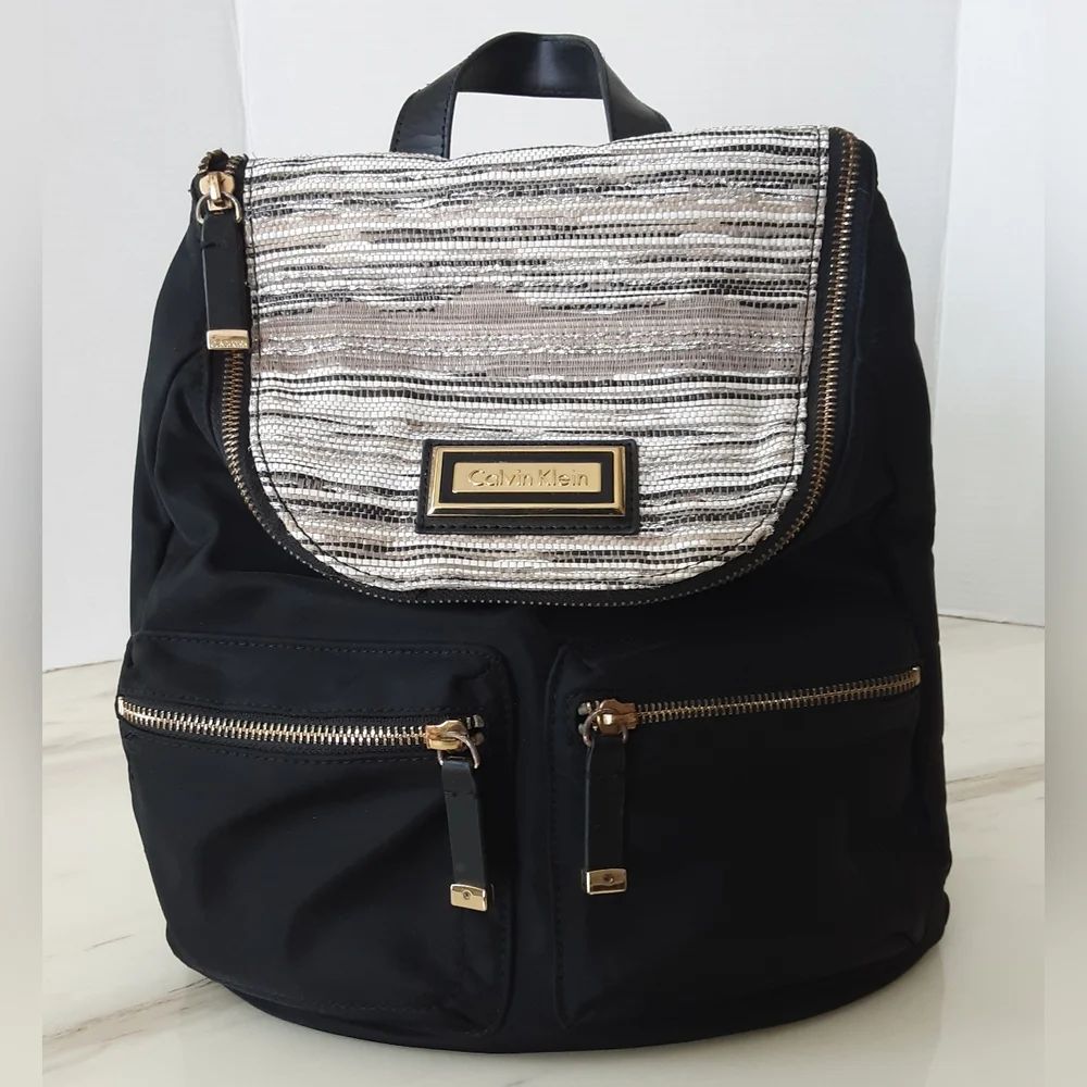 CALVIN KLEIN Gold-Silver Flap Accent Nylon Faux Leather Handbag Backpack