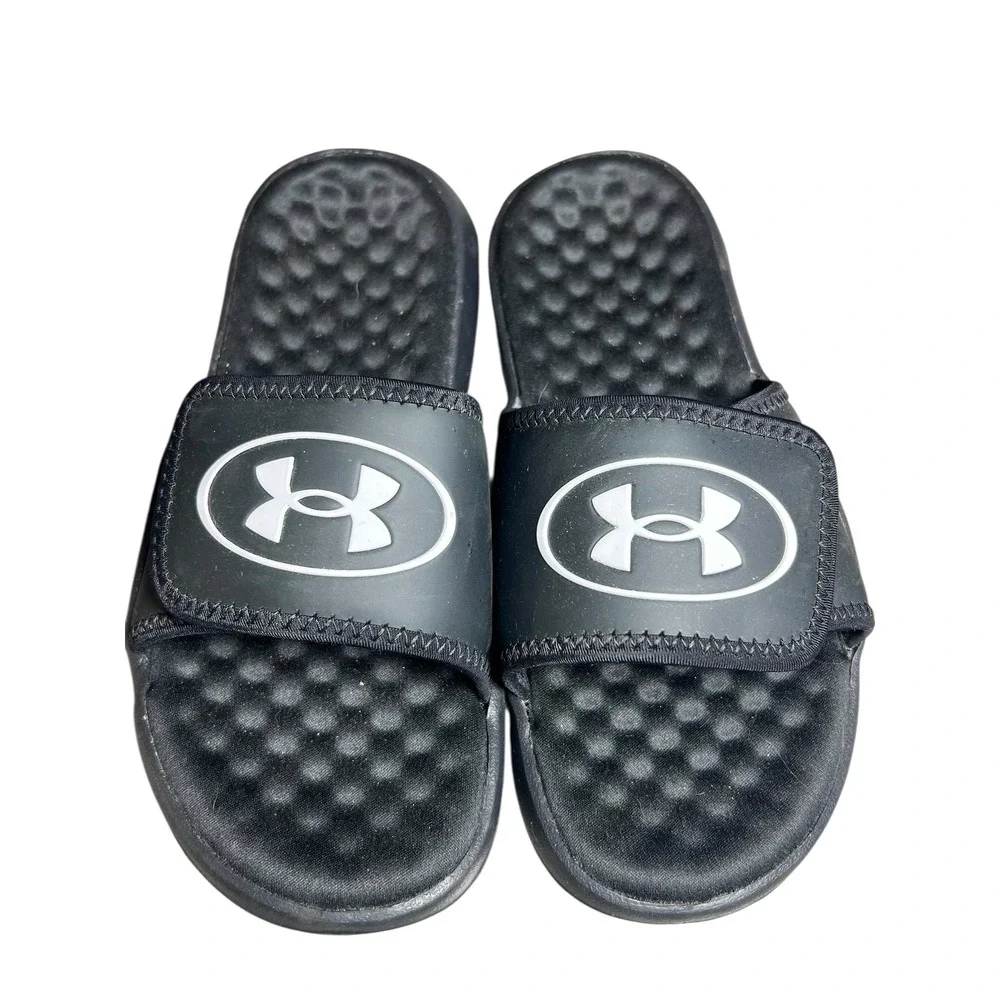 Under‎ Armour Kids Black Slides Sandals Adjustable Hook and Loop Closure Size 3Y