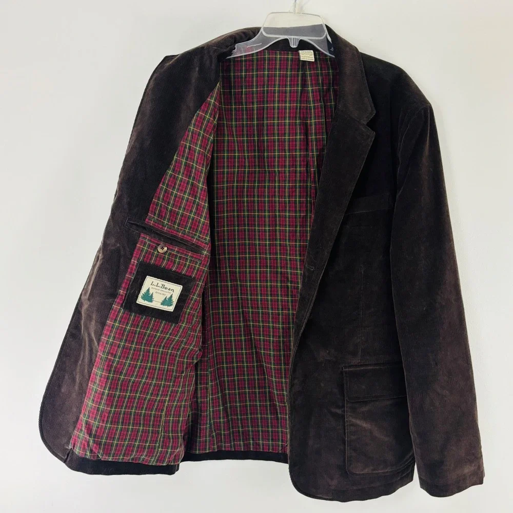 Vintage L.L. Bean Corduroy Sport Coat Jacket Mens 46 Reg Large Plaid Lining 90s