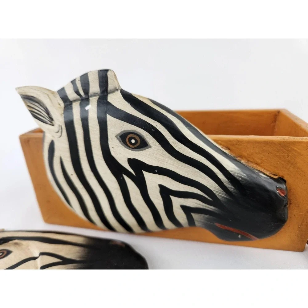 Zebra Head Wood Coasters Set Holder Lily M Wilson Hand Painted Safari MCM VTG