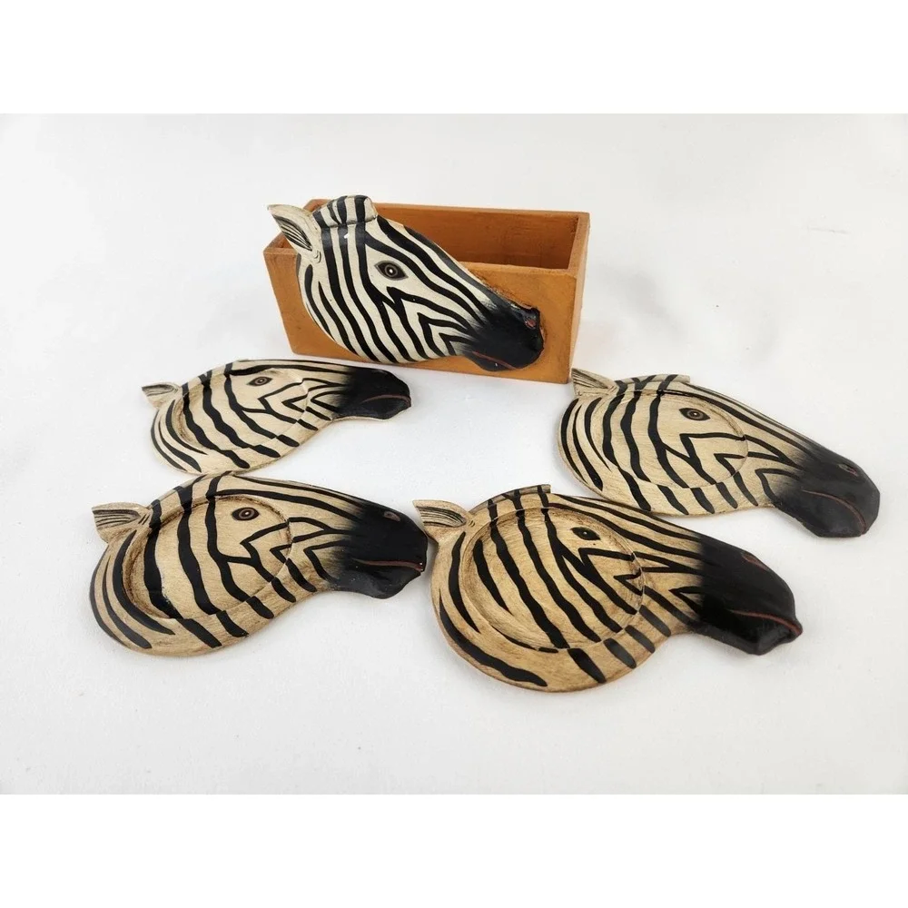 Zebra Head Wood Coasters Set Holder Lily M Wilson Hand Painted Safari MCM VTG