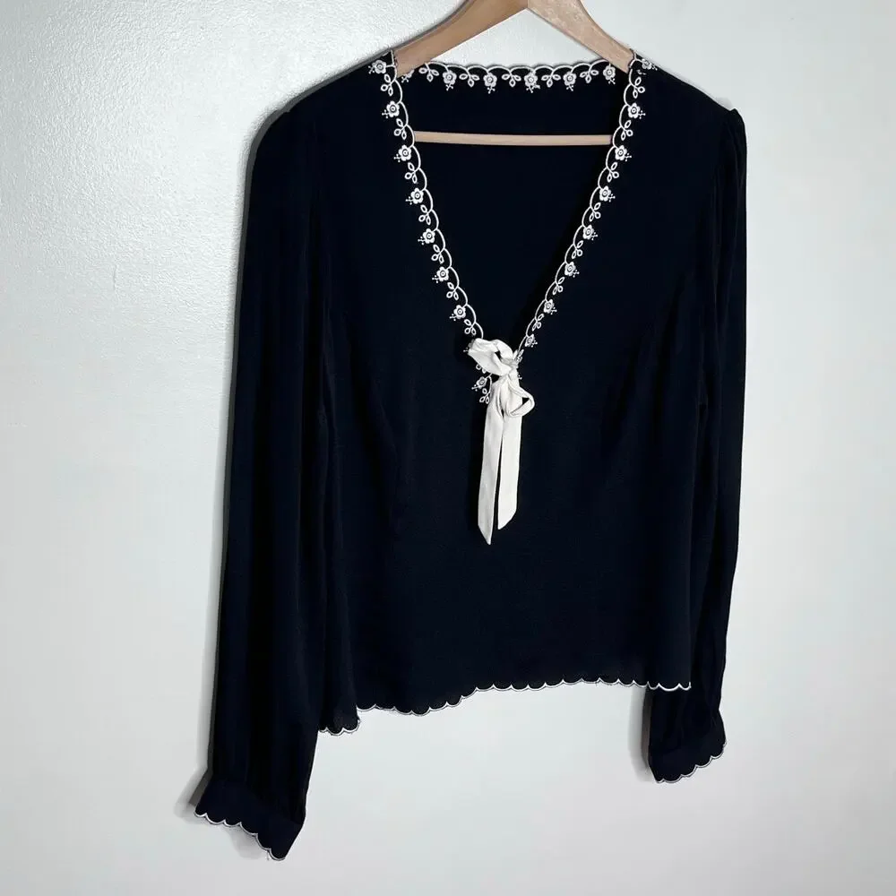 Reformation Vivia Embroidered Scallop Top Black Long Sleeve Tie Front