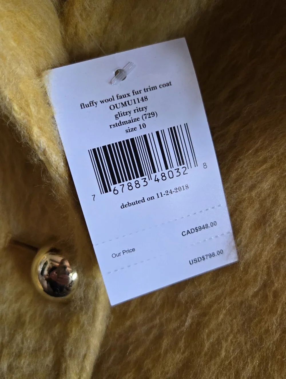 NWT kate spade Fluffy Wool Faux Fur Trim Coat Glitzy Ritzy Maize Yellow Size 10