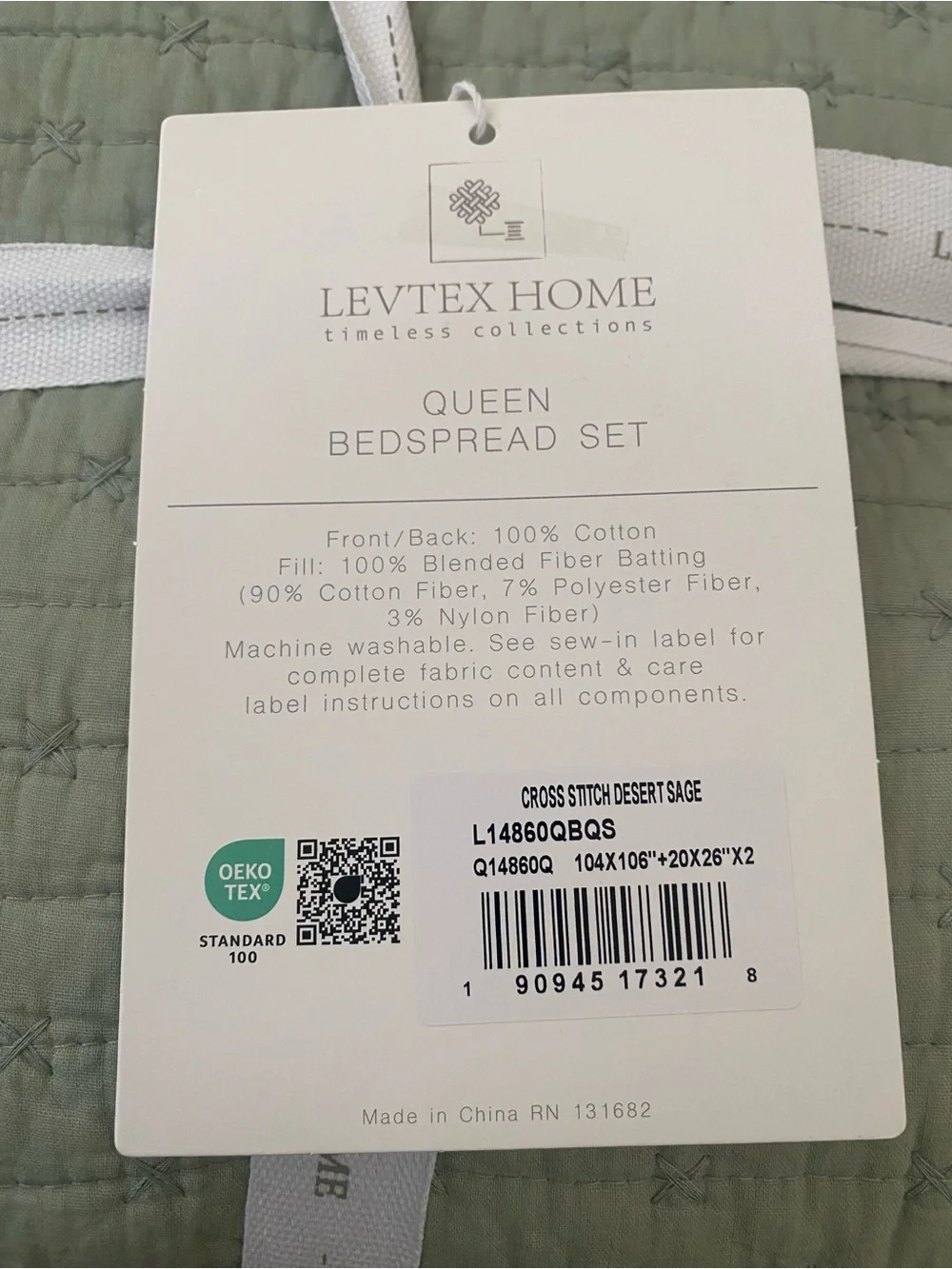 Levtex Home Cross Stitch QUEEN Bedspread & Shams Set 3 piece Desert Sage 104x106