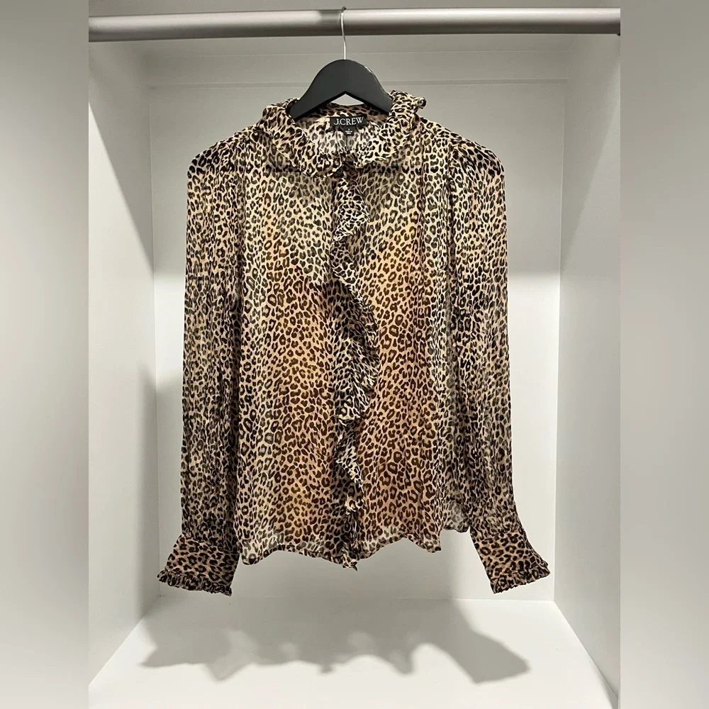 J. Crew Women’s Ruffle Button-up Shirt in Leopard-Print Size 2 NEW