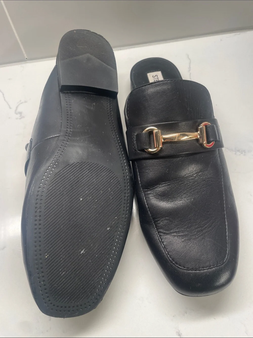 Steve Madden Black Leather Flat Loafer Slides with Gold Hardware