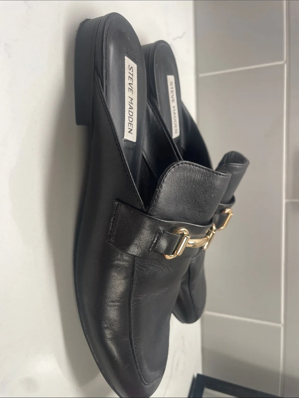 Steve Madden Black Leather Flat Loafer Slides with Gold Hardware