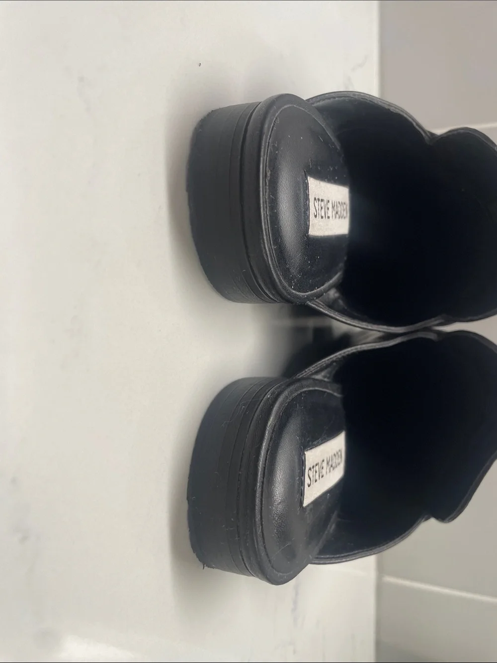 Steve Madden Black Leather Flat Loafer Slides with Gold Hardware