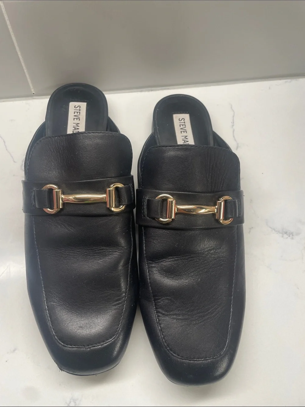 Steve Madden Black Leather Flat Loafer Slides with Gold Hardware