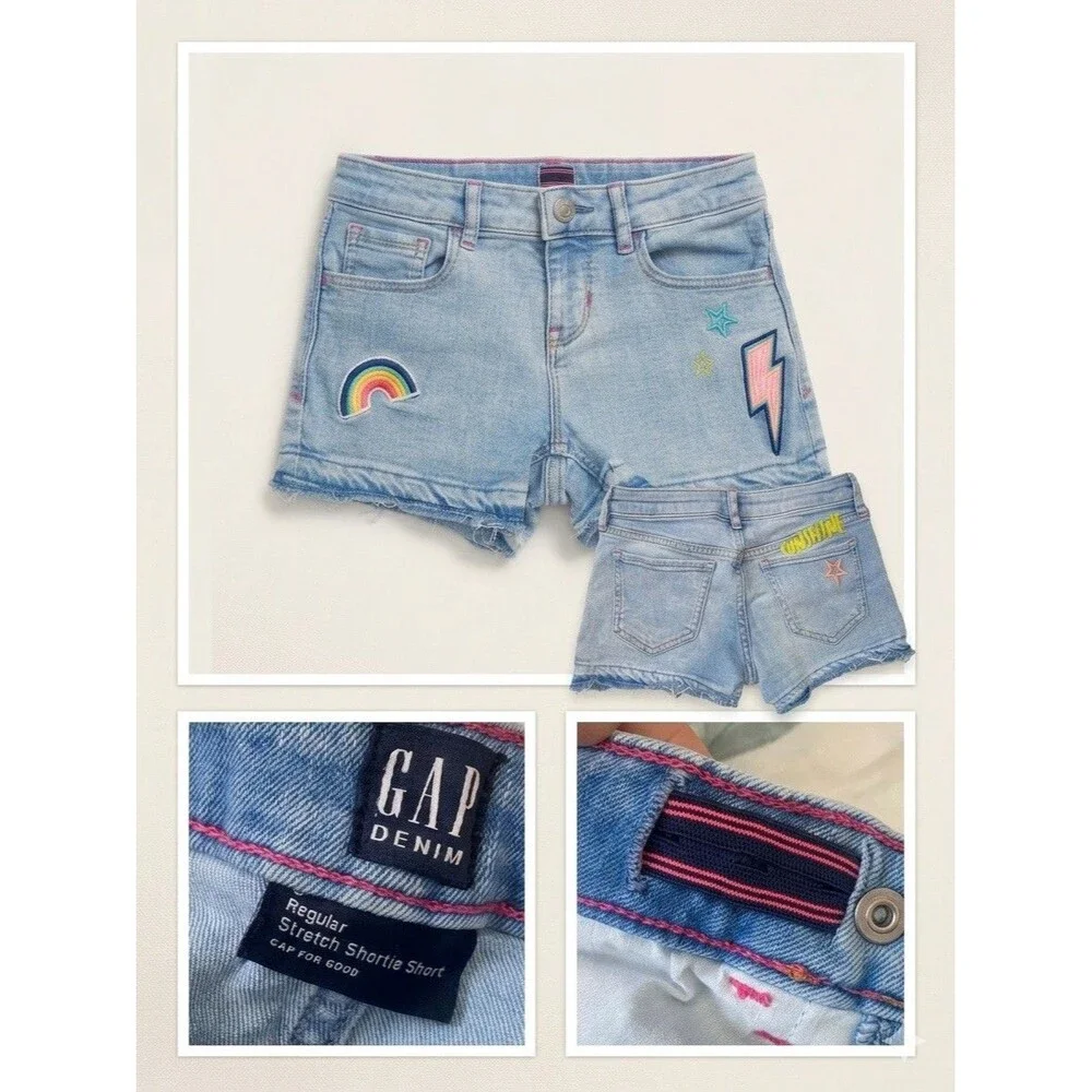 Gap Kids Girls Size 8 Embroidered Denim Shorts Y2K Patchwork Sun Rainbow