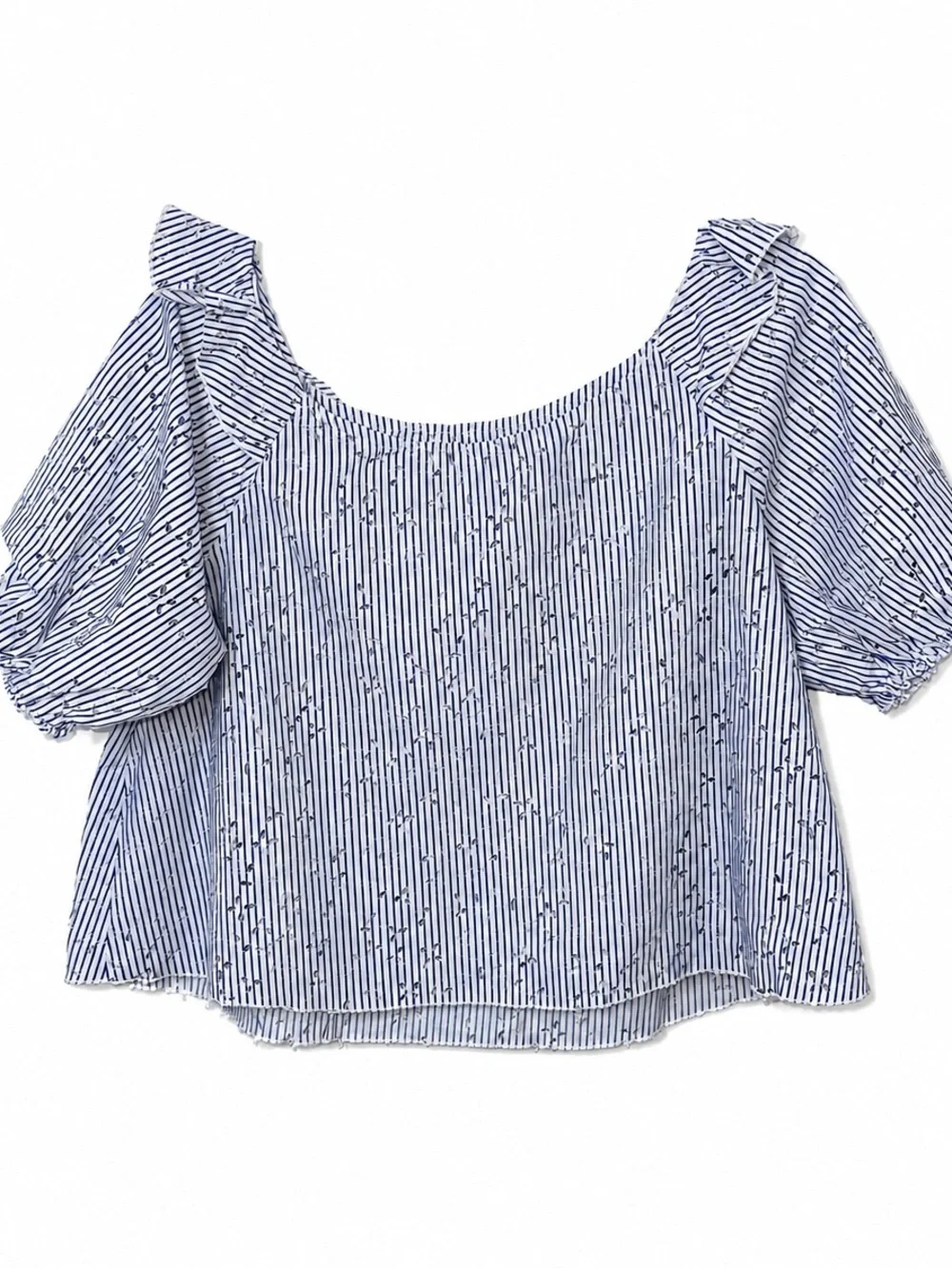 Zara Women's Navy & White Eyelet Striped Ruffled Neck Blouse Size M