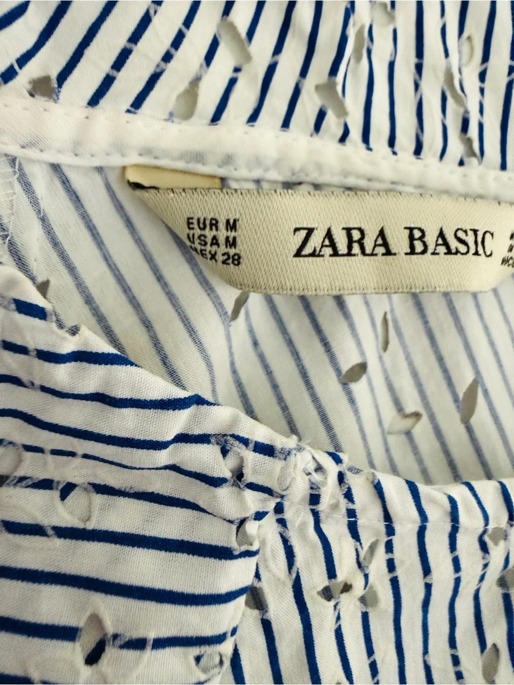 Zara Women's Navy & White Eyelet Striped Ruffled Neck Blouse Size M
