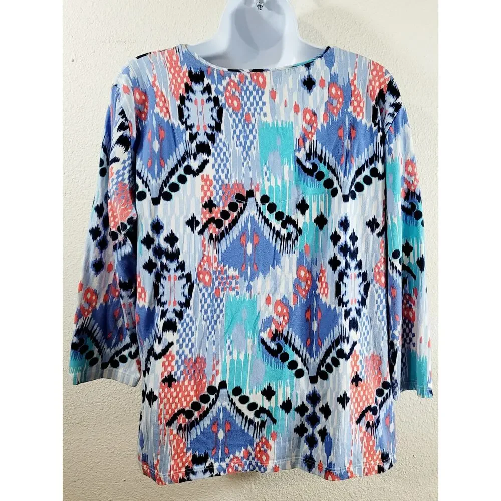 Ruby Rd. Blue White Orange Abstract Print V Neck Top Large Lightweight Soft