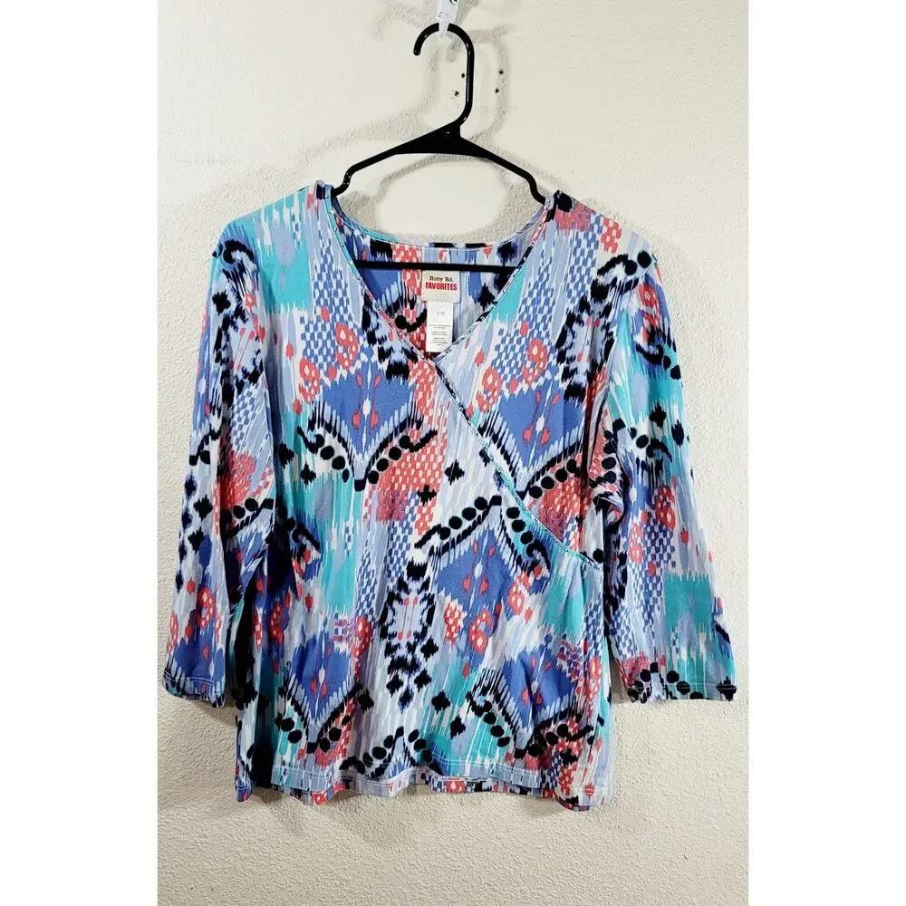 Ruby Rd. Blue White Orange Abstract Print V Neck Top Large Lightweight Soft
