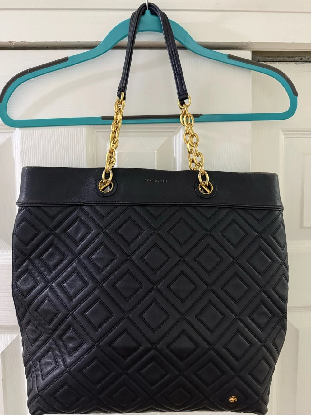 Tory Burch Black Quilted Leather Tote with Gold Chain Straps