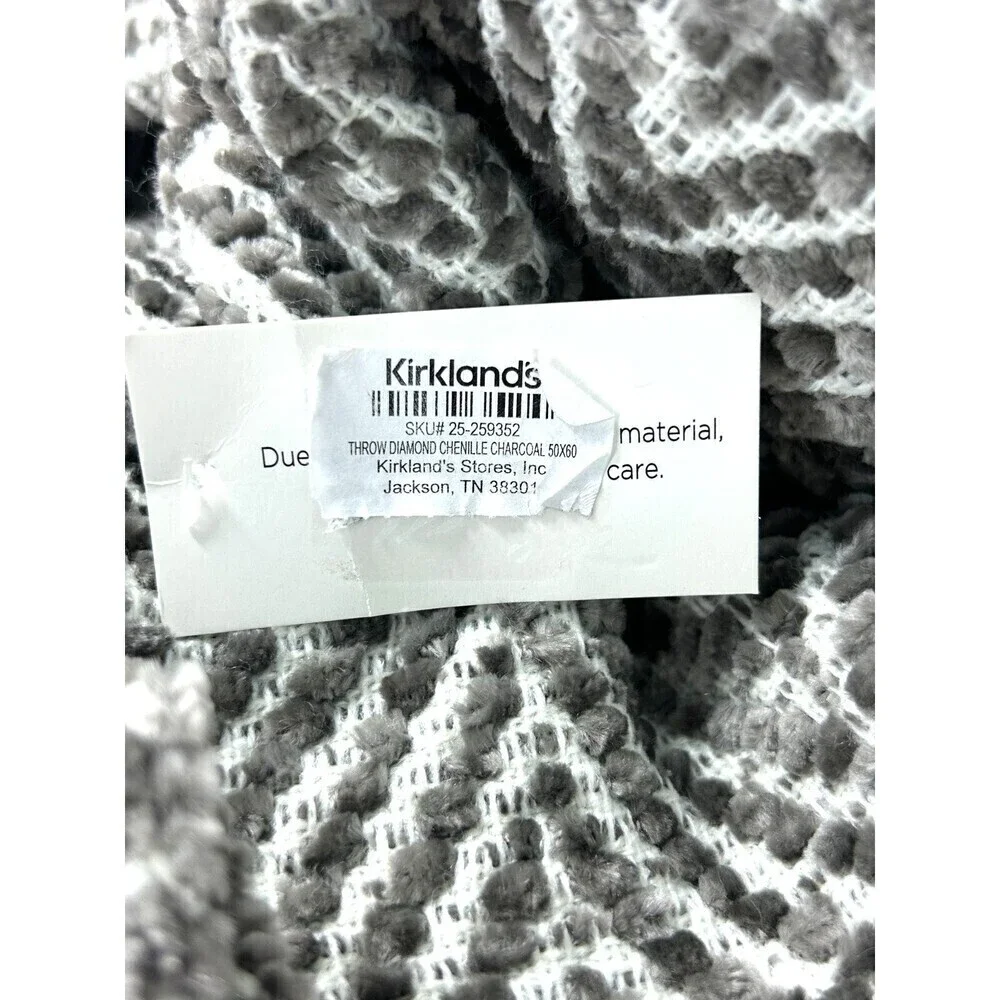 Kirklands Charcoal Gray Chenille Throw Blanket Diamond Fringe Reversible 50x60