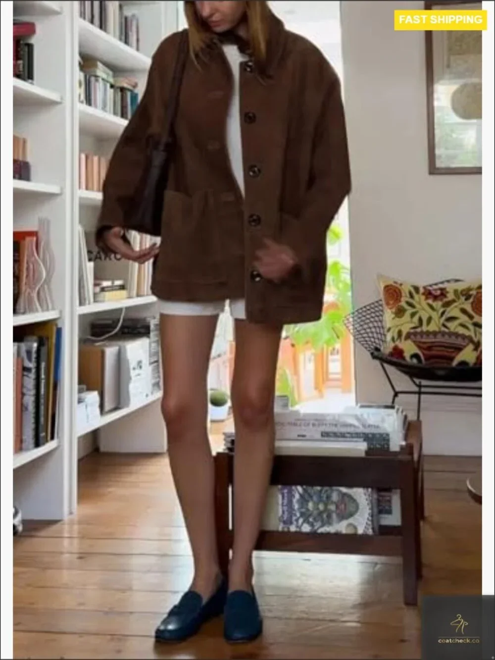 Women's Faux Suede Midi Shacket Coat Button Down Oversized Long Sleeve Casual