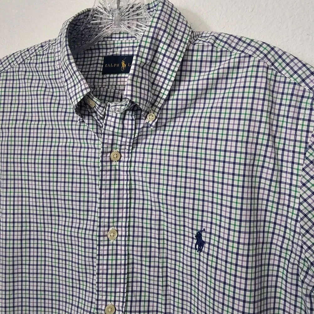 Ralph Lauren Men's Short Sleeve Green Blue and White Plaid Polo Size Medium