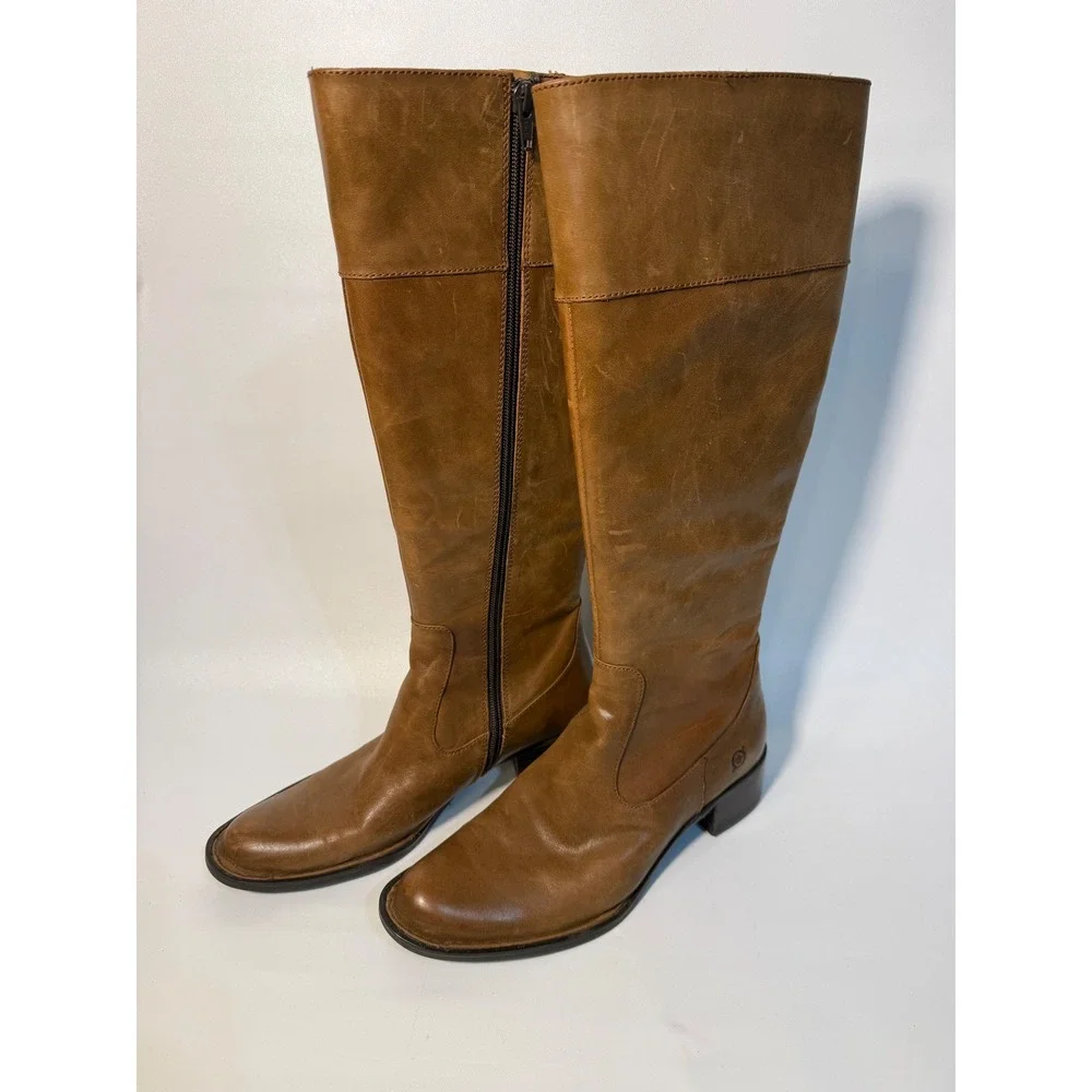 Born Boots‎ Women's 7.5 Leather Knee High Tan Brown Side Zip Block Heel
