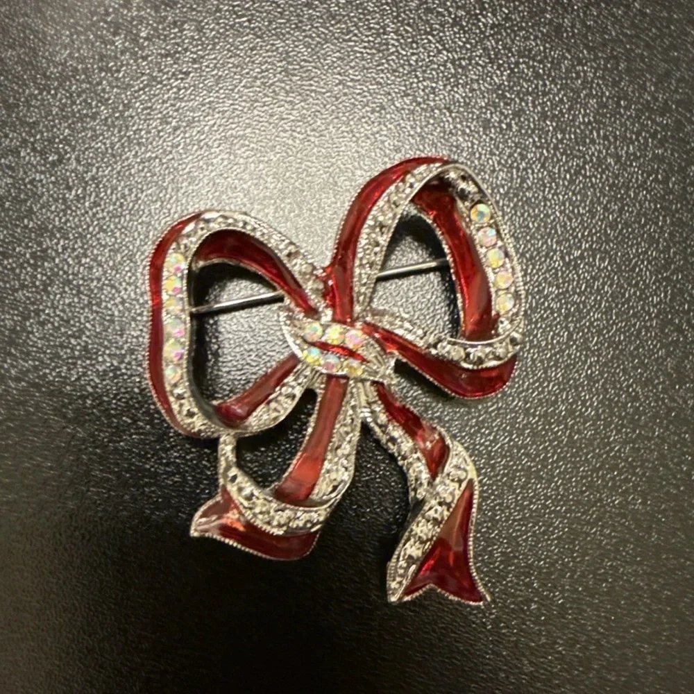 Red‎ Ribbon Bow Crystal Accent Brooch - Women Jewelry