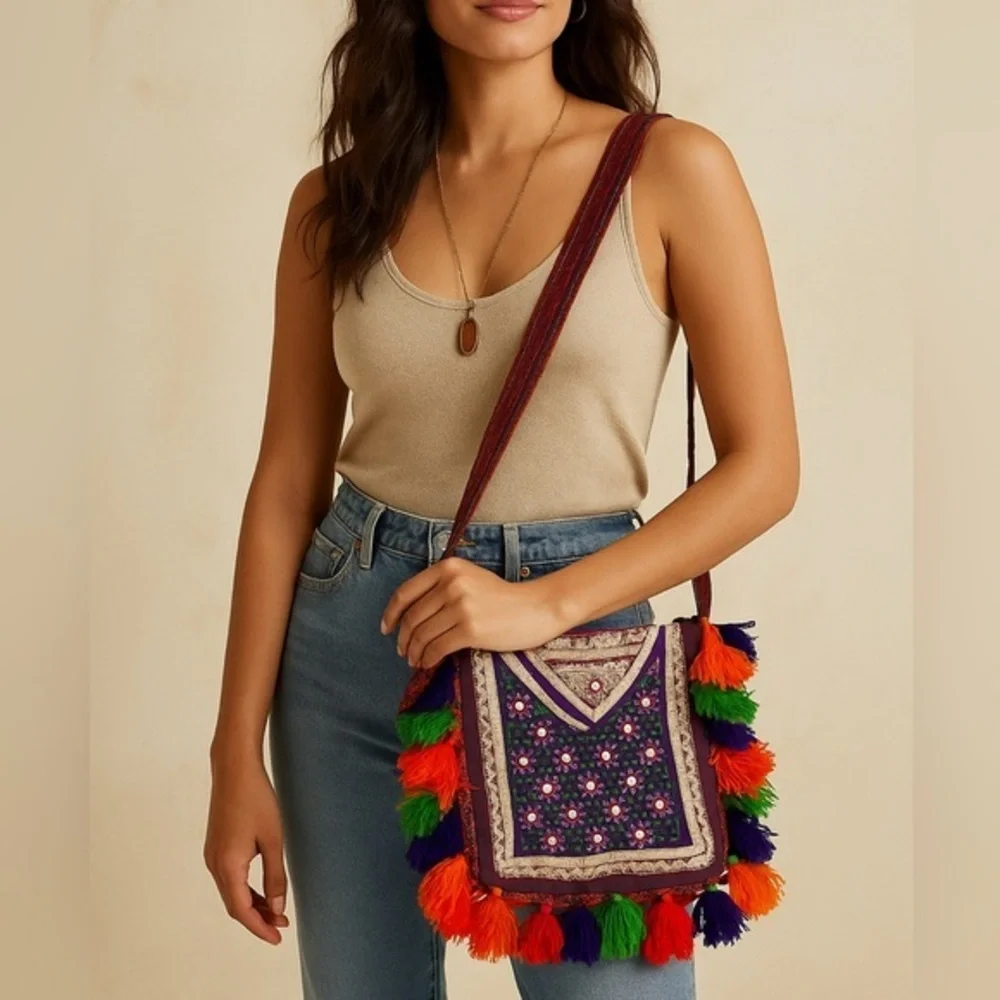 Anthropologie Boho Crossbody Bag Multicolor Tassel Embroidered Festival Purse