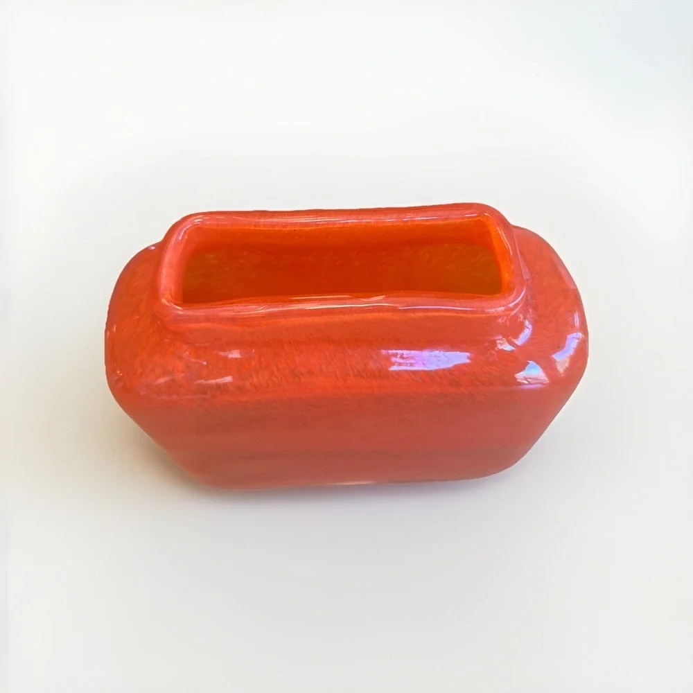 Crate‎ & Barrel Vintage Rectangle Orange Blown Glass Vase Heavy Contemporary