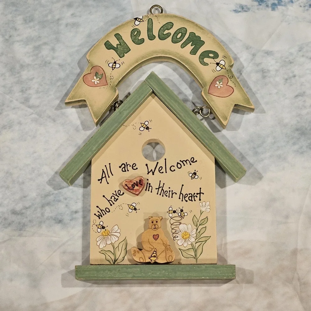 Vintage Style Welcome Birdhouse Wall Sign Cottage Farmhouse Decor Hanging Plaque