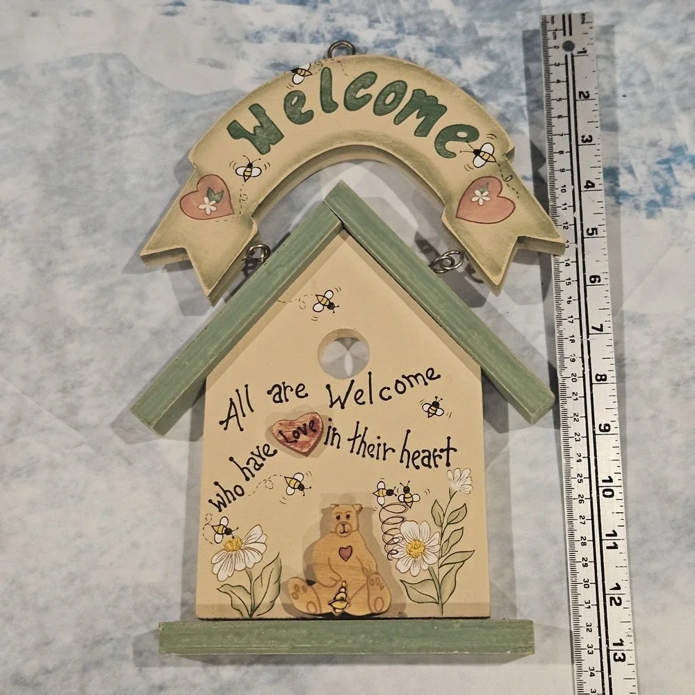 Vintage Style Welcome Birdhouse Wall Sign Cottage Farmhouse Decor Hanging Plaque