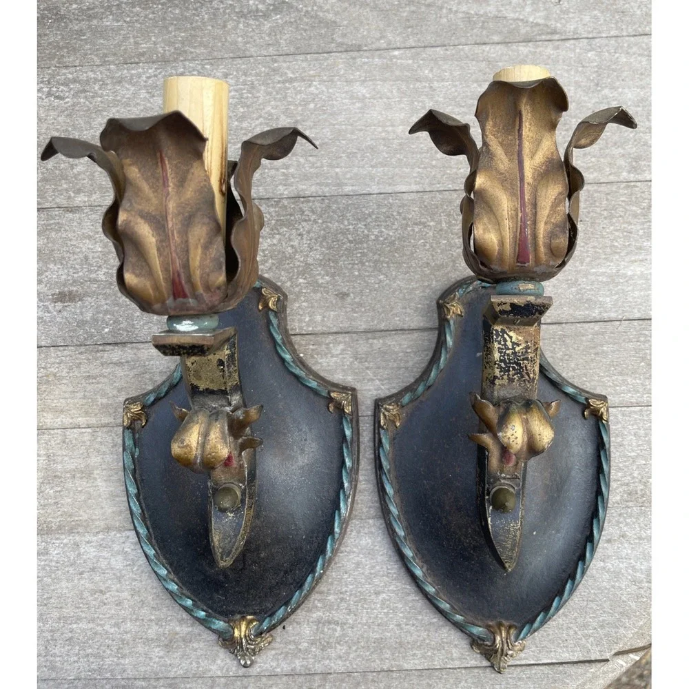 Antique Vintage Moe Bridges Milwaukee‎ Wis. Cast Iron Gothic Sconce Light Set 2