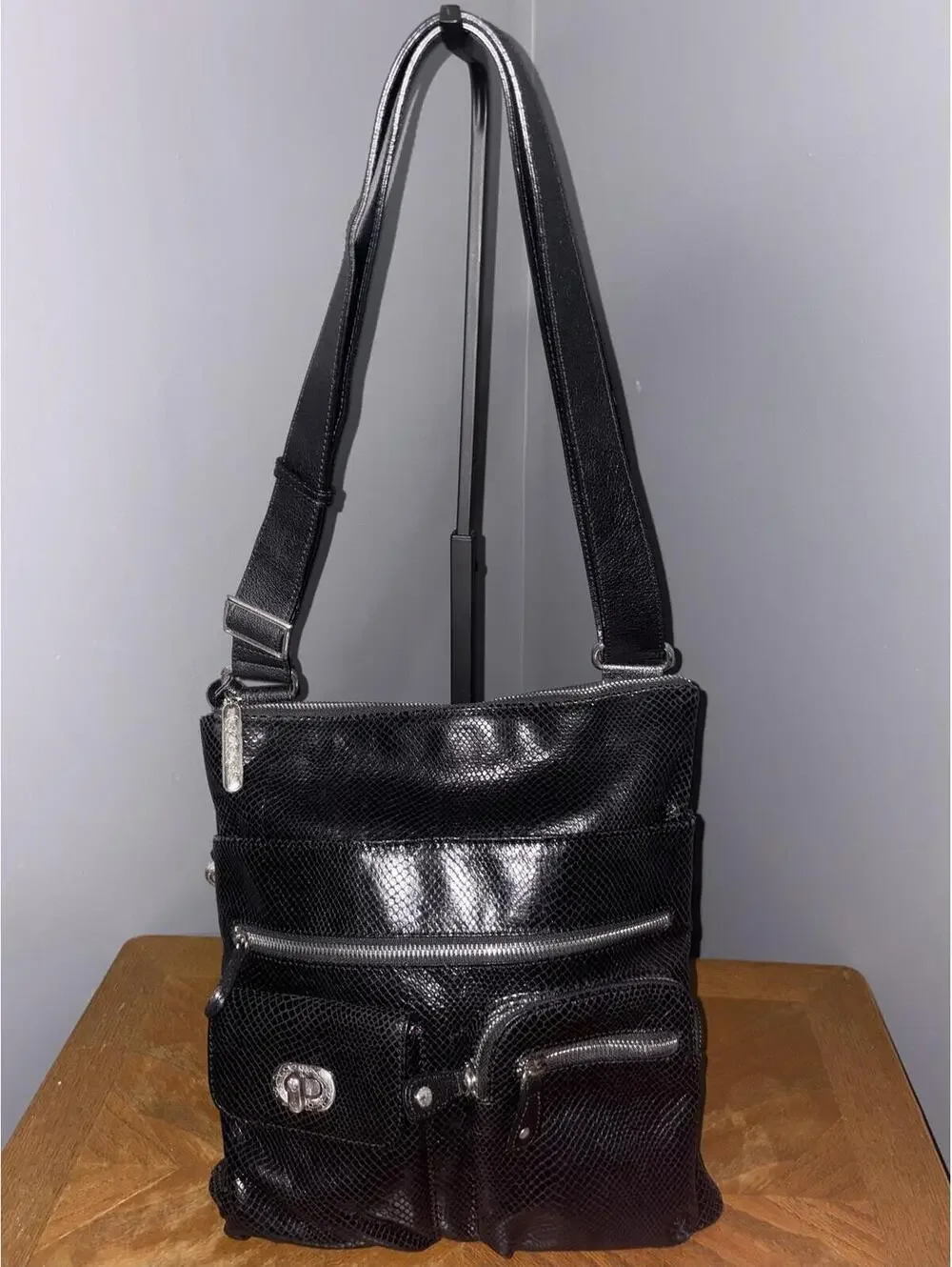 Brighton Black Snake-Embossed Organizer Crossbody Bag