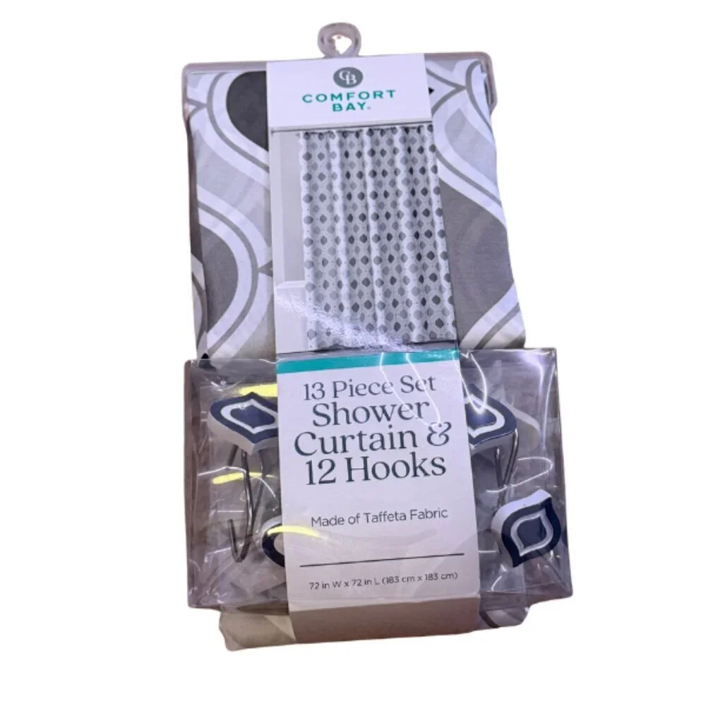 Comfort Bay Shower Curtain Liner Gray Stripe Taffeta 70x72 Inch 13 Pc w/ Hooks
