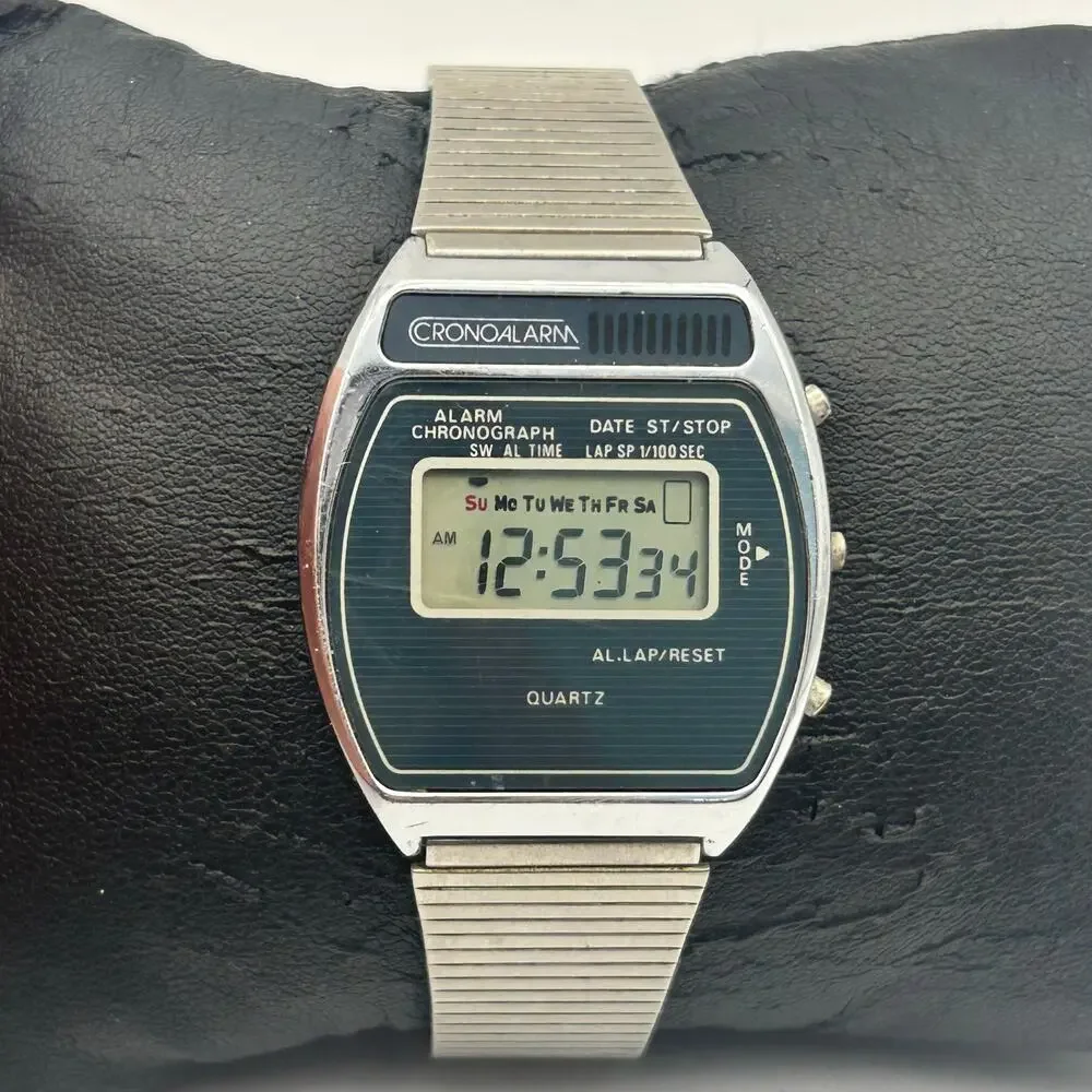 Vintage 1980s Cronoalarm Silver St. Steel Digital Quartz Watch New Battery