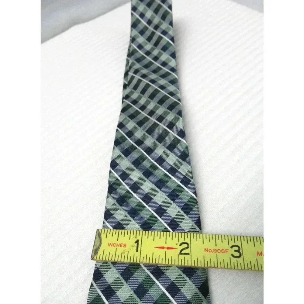 STAFFORD Tailored Cultured Men's Tie Green Blue White Diagonal Plaid Checks