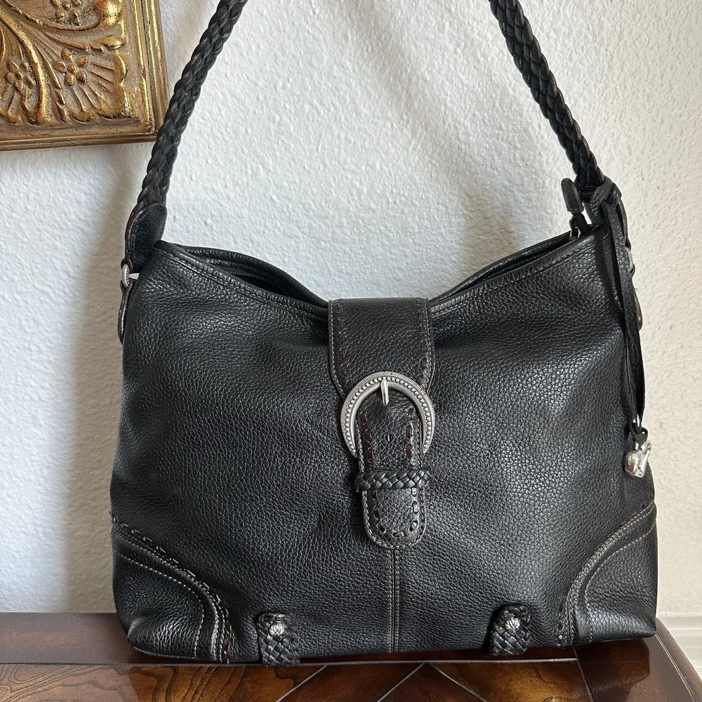 VTG Brighton Leather Handbag‎ Purse 11x14 Inch Black Woven Handle Buckle Accent