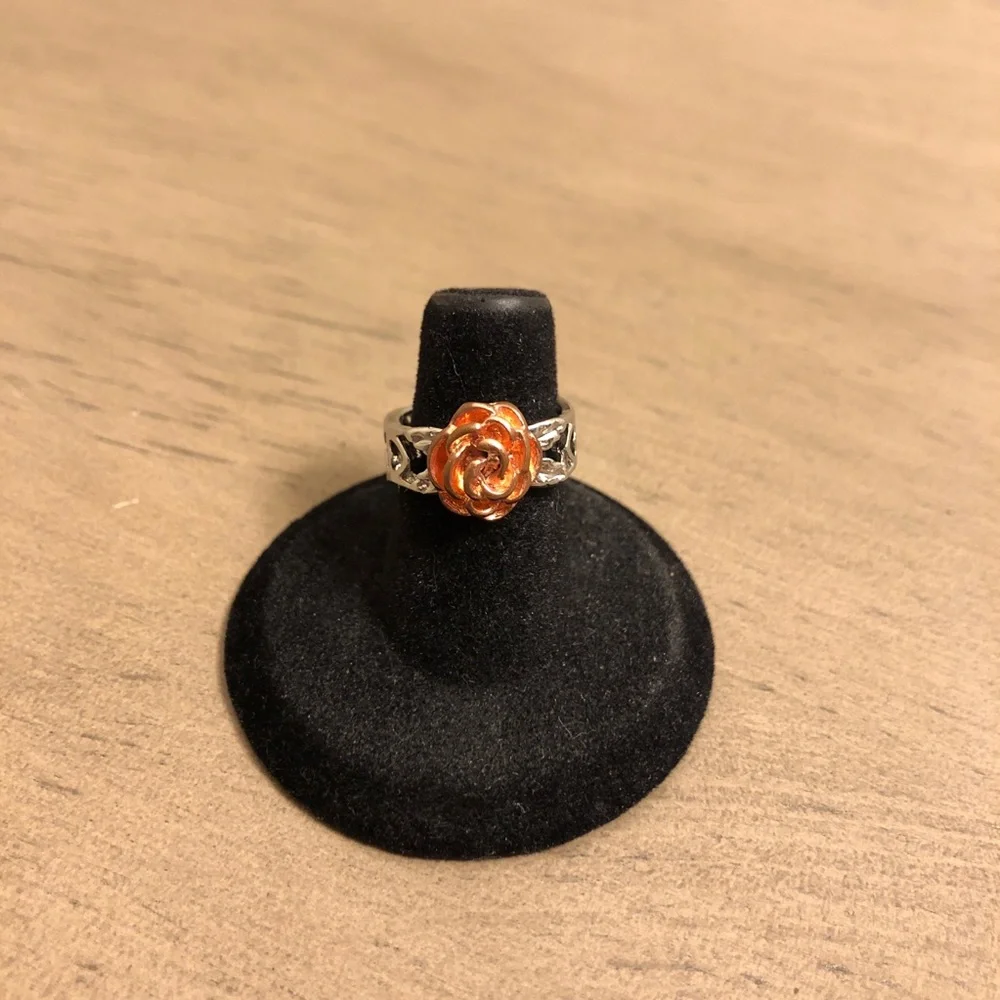 Vintage Silver Tone and Red-Orange Rose Ring