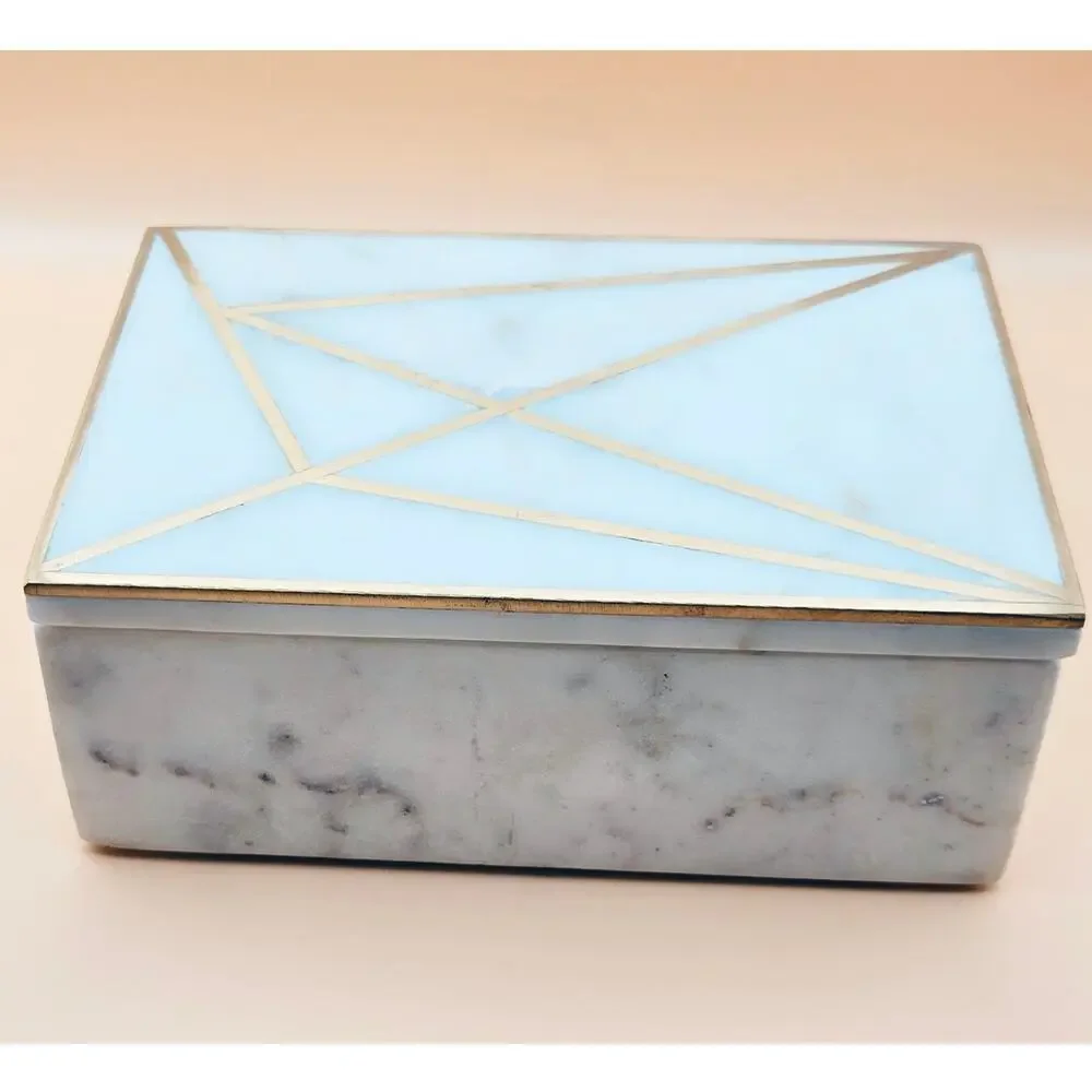 West Elm Brass Inlay Alabaster Marble Rectangular Trinket Box