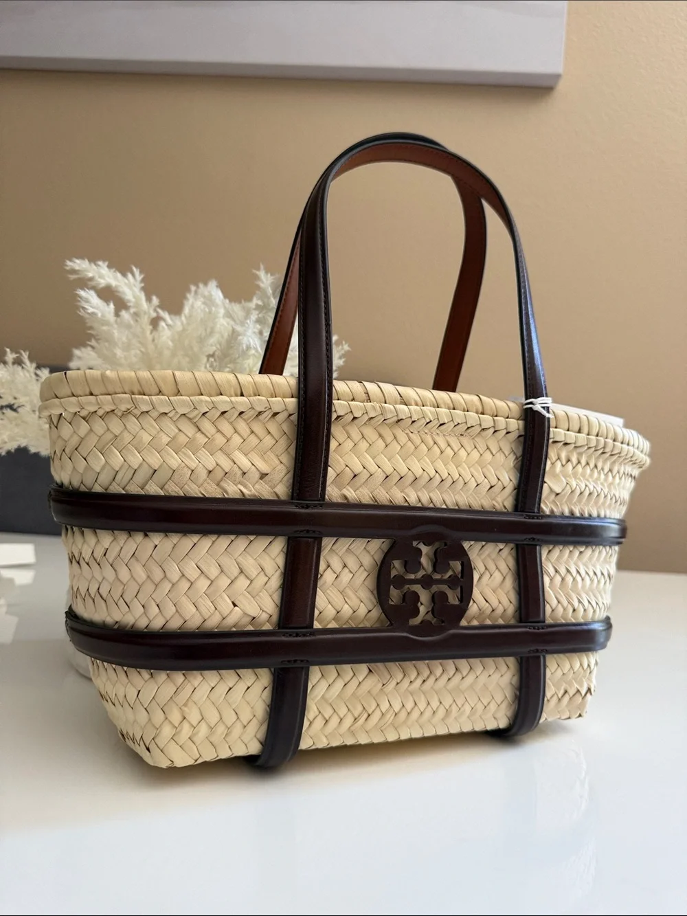 NWT , TORY BURCH ELLA STRAW SMALL BASKET SHOULDER BAG CLASSIC CUOIO