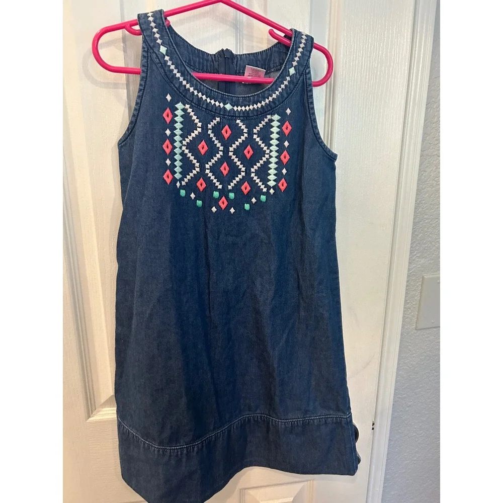 Gymboree Denim Dress Blue Embroidered Geometric Sleeveless Cotton Shift Bin A