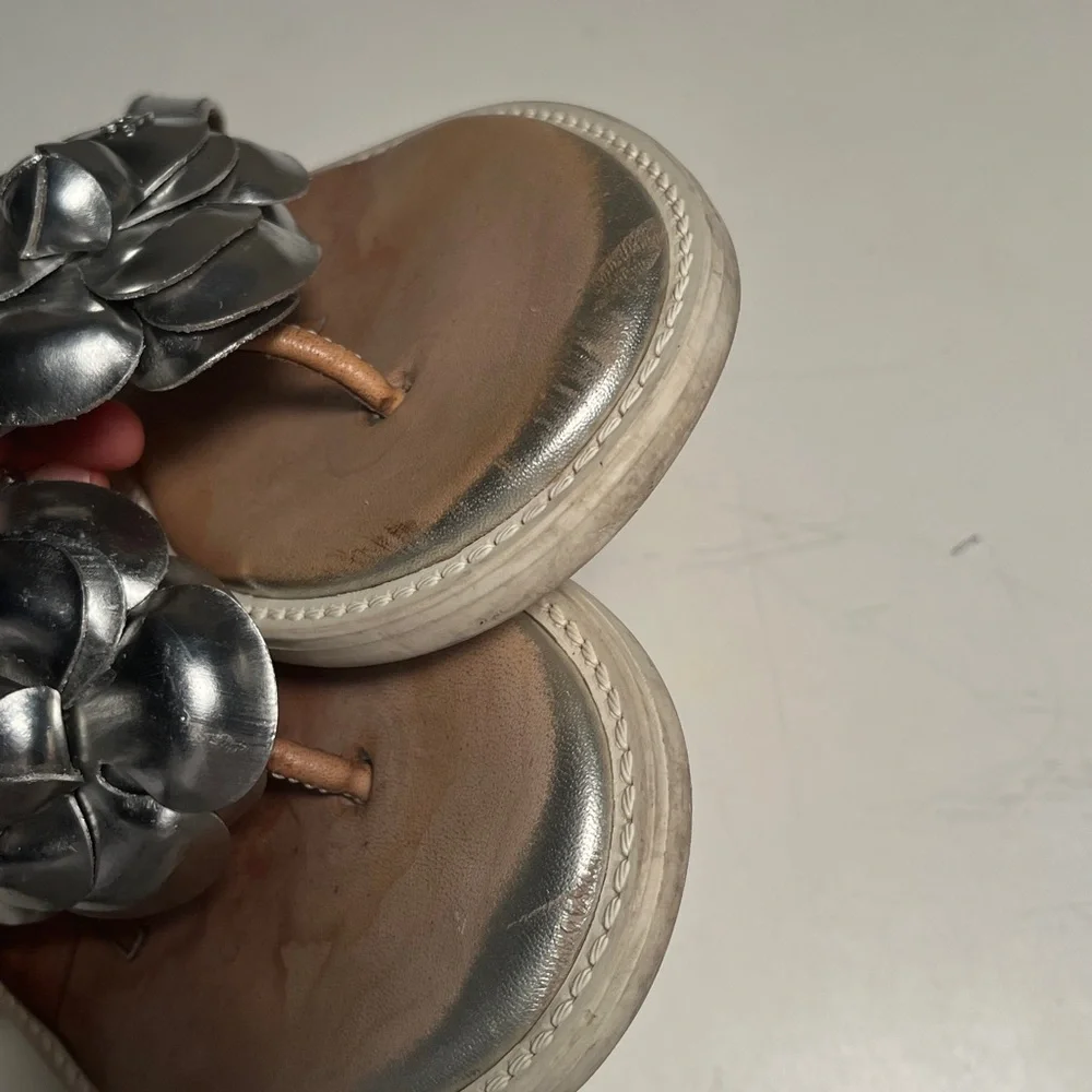 CHANEL Metallic Silver Floral Sandals