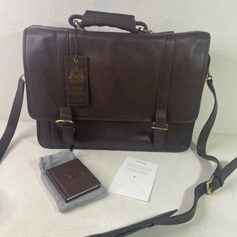 Hidesign The Icons Brown Leather Messenger Briefcase Laptop Bag Brass Hardware