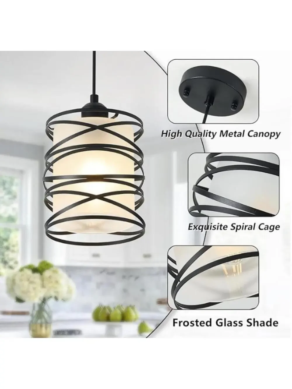 Modern Mini Pendant Light Fixture 3-Pack Black Spiral Cage Frosted Seeded Shades