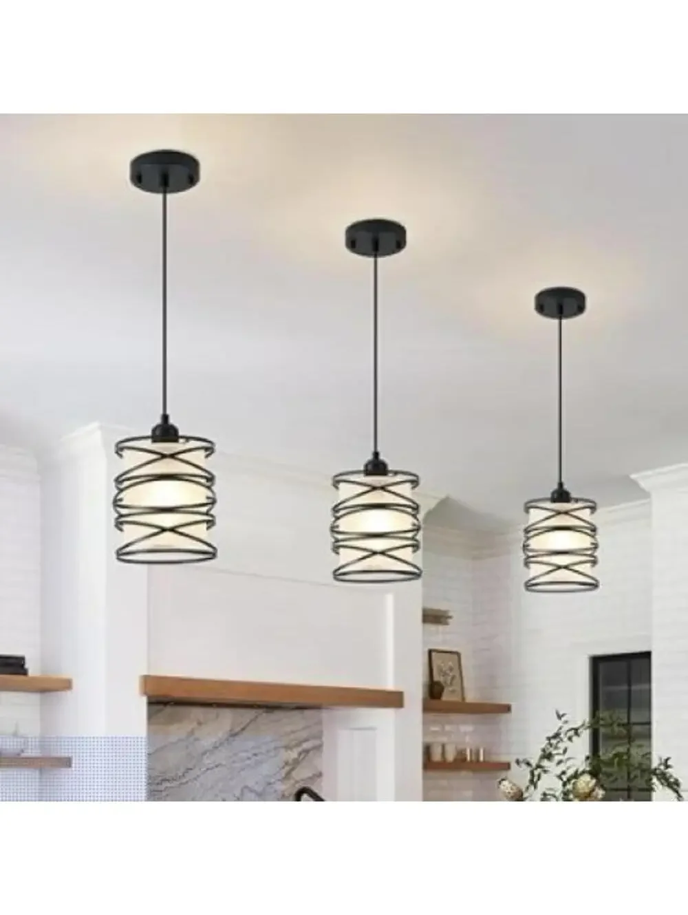 Modern Mini Pendant Light Fixture 3-Pack Black Spiral Cage Frosted Seeded Shades