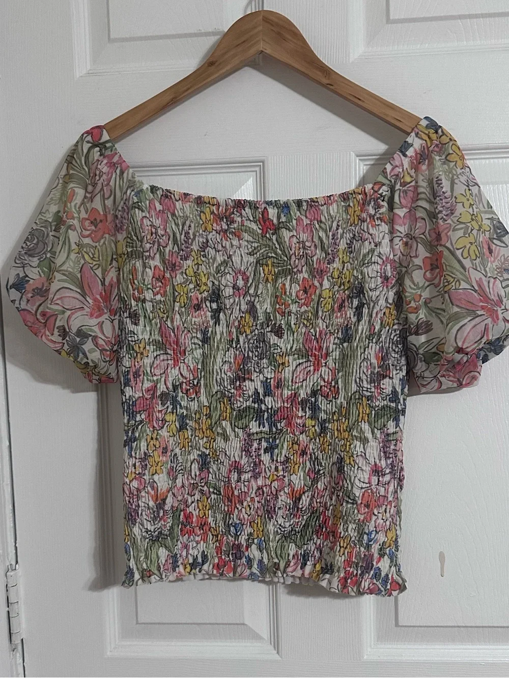 Anthropologie Floral Smocked Puff-Sleeve Top — Multicolor
