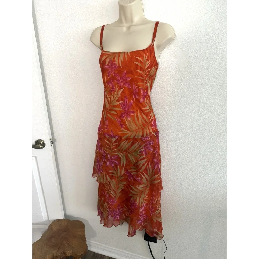Vintage Y2K Slip Dress Midi Sz 12 Orange Tropical Chiffon Meghan Matthews Resort