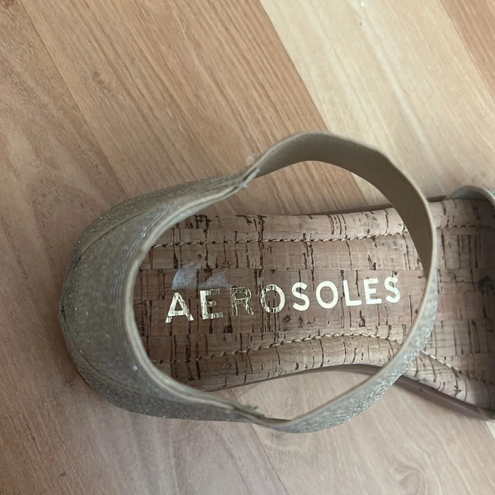Aerosoles Gold & Silver Glitter Elastic Ankle Strap Cork Flat Sandals Womens 9M