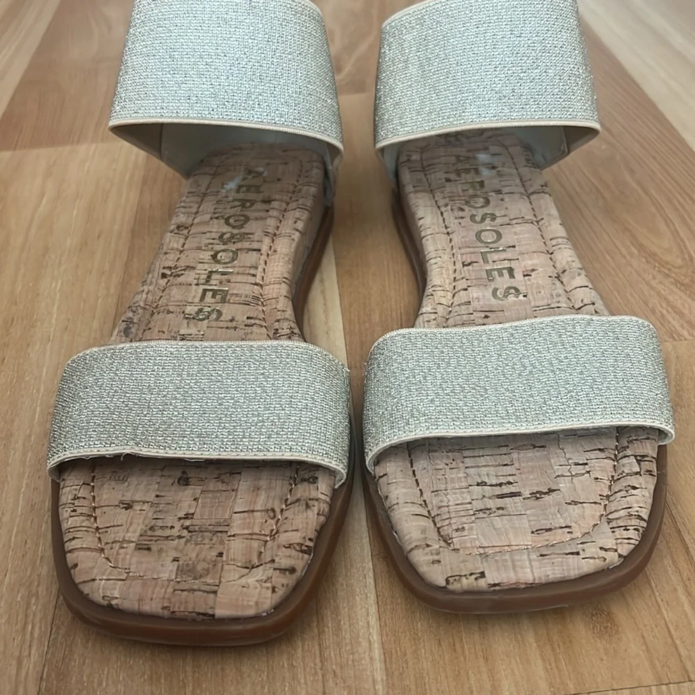 Aerosoles Gold & Silver Glitter Elastic Ankle Strap Cork Flat Sandals Womens 9M