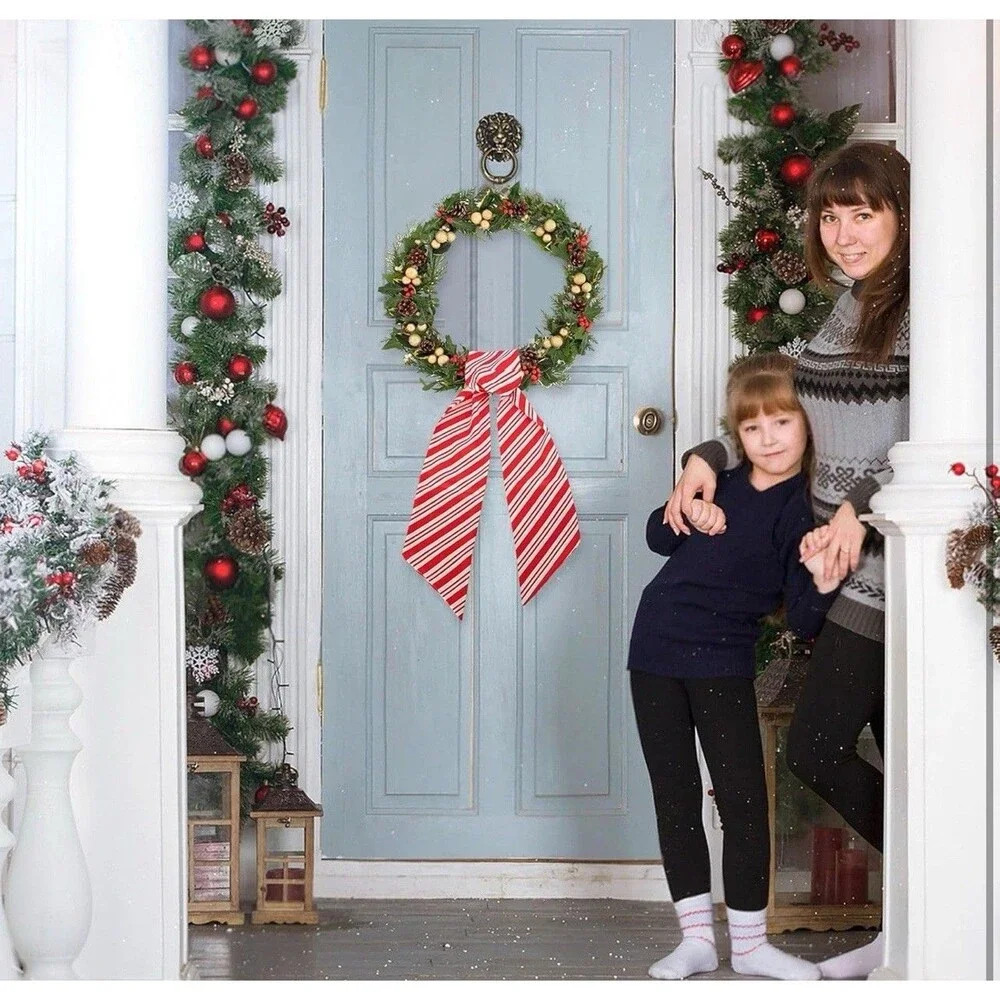 Stranthother 4PCS Candy Cane Christmas Wreath Sash for Front Door Red Bow Scarf
